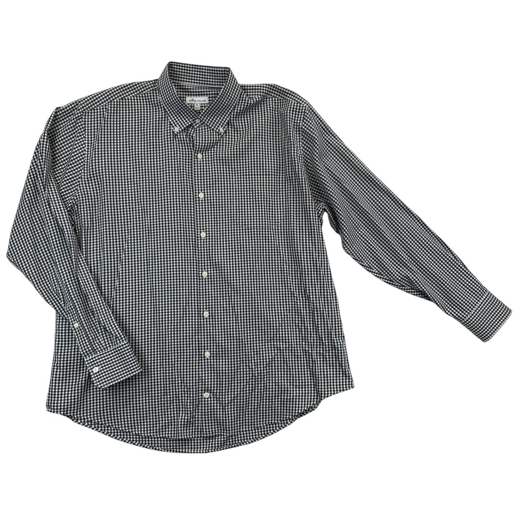 Peter Millar Shirt Mens XL Black White Gingham Button Down LS Cotton Silk Blend